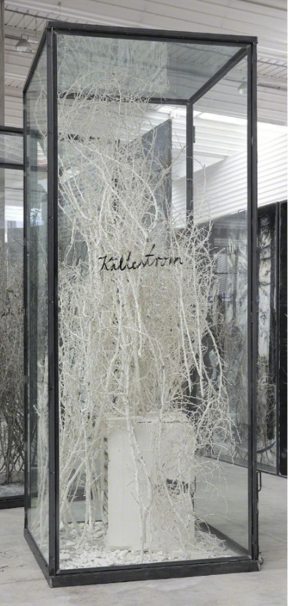 Anselm Kiefer, Kälterstrom, 2010, Plaster-coated thorn bushes, plaster refregirator and resin ice cubes in inscribed glass and steel vitrine, 321,6 x 130,2 x 130,2 cm