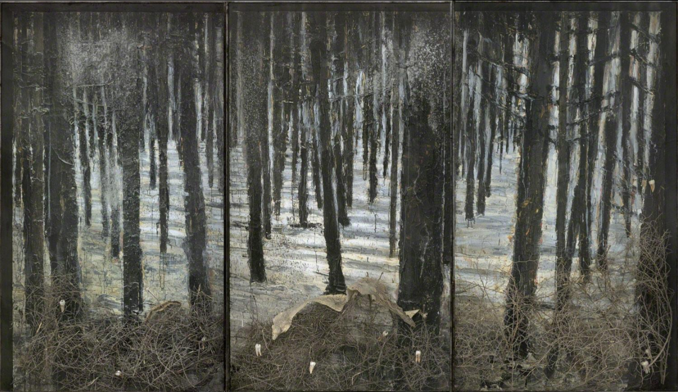 Anselm Kiefer, Winterland, 2010, oil, emulsion, acrylic, shellac, ash, torn bushes, synthetic teeth and snakeskin on canvas in glass and steel frames, 331,9 x 576,1 x 35,1 cm