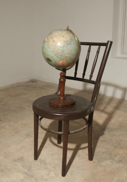 Bharti Kher, Not All Who Wander Are Lost (2), 2010, wooden chair, antique globe, mechanism,