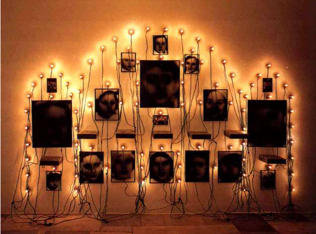 Christian Boltanski, Untitled, photos, metal boxes and lamps, 1989