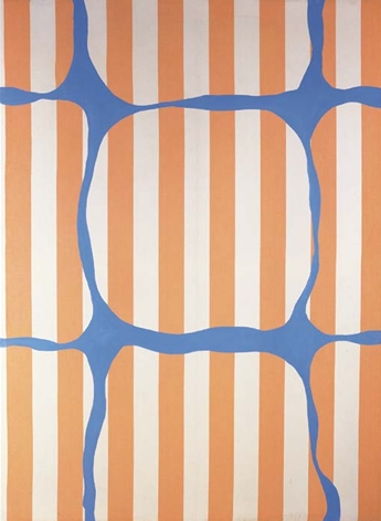 Daniel Buren, Painting with various blue shapes on white and orange striped fabric, acrylic on cotton, 1966