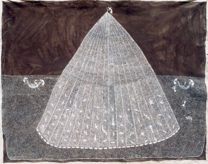 Jivya Soma Mashe, Fish Men, 1997, acrylic and cowdung on canvas, 115x146 cm