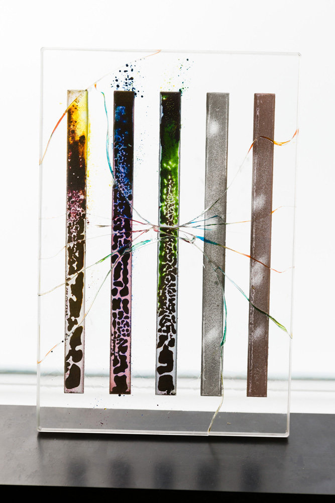 Kerstin Brätsch, Die namen die linien, 2012, Enamel and lustre on sandblasted artista glass with colored UV glue