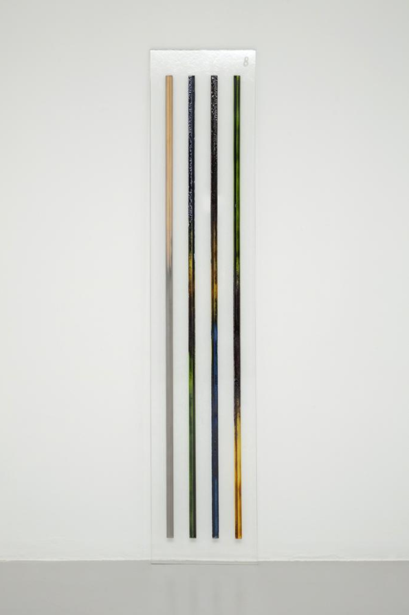 Kerstin Brätsch, Skeleton Steles #8 (L7-III from Blocked Radiants for Ioana), 2012, Sandblasted Artista glass, luster and enamel, 200 x 40 x 1 cm