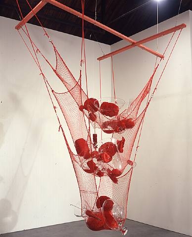 Tunga, Bell's fall, 1998, installation, wooden cross, nets, blown glass, sea sponges and mixed media