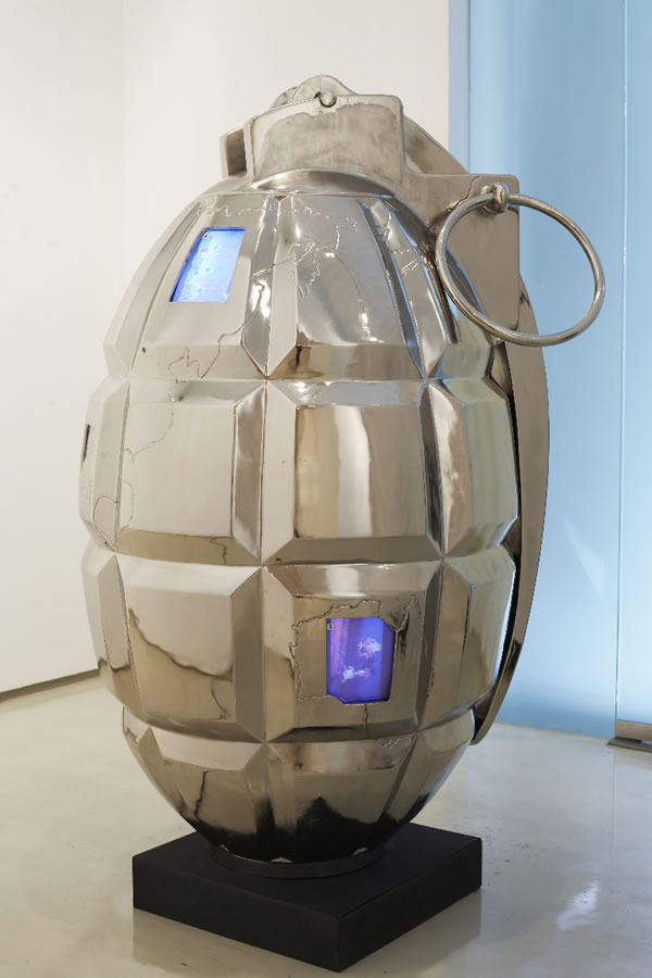 Valay Shende, The Grenade, 2007, 180 x 107 x 107cm, nickel coating on fiberglass, CCTV and videos, detail.