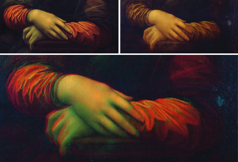 Detailed view of the hand regions. Clockwise:  Prado, Louvre, red–cyan anaglyph combining both images