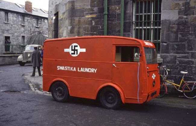 Swastika Laundry was a laundry company in Dublin, Ireland. This photo was taken in 1912. Notice the coincidence in the chosen colours.