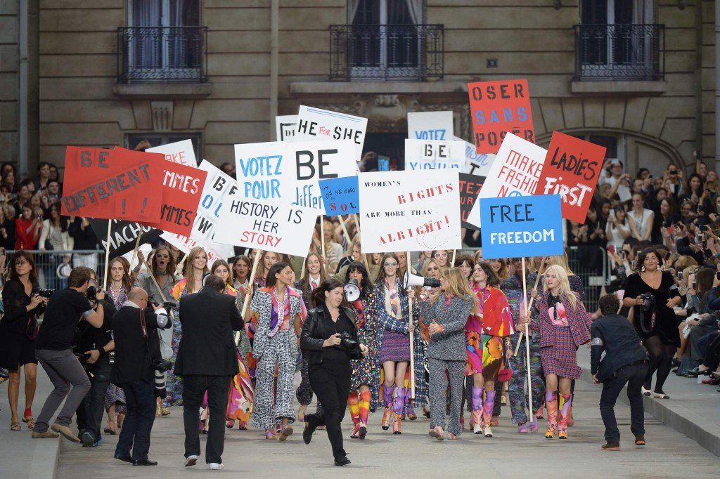 PARIS, FRANCE - SEPTEMBER 30:  Models walk the show finale during the Chanel  show as part of the Paris Fashion Week Womenswear Spring/Summer 2015 on September 30, 2014 in Paris, France.  (Photo by Dominique Charriau/WireImage)