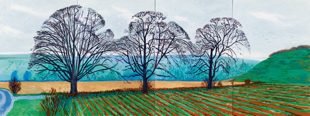 "TREES NEAR THIXENDALE. DECEMBER 2007" 2007 OIL ON 8 CANVASES (36 X 48" EA) 72 X 192" OVERALL © DAVID HOCKNEY PHOTO CREDIT: RICHARD SCHMDIT