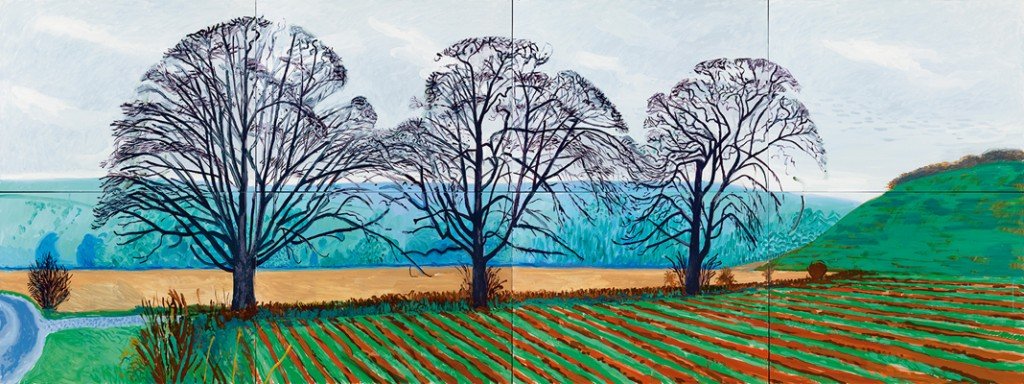 "TREES NEAR THIXENDALE. DECEMBER 2007" 2007 OIL ON 8 CANVASES (36 X 48" EA) 72 X 192" OVERALL © DAVID HOCKNEY PHOTO CREDIT: RICHARD SCHMDIT