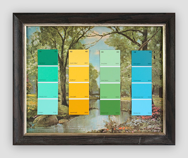 Know-Your-Color-Charts--Winter,-Spring,-Summer,-Autumn-(Four-Panels)-(3)---paint-store-color-samples-on-found-prints---2010---each-panel-13-x-16-x-1---000