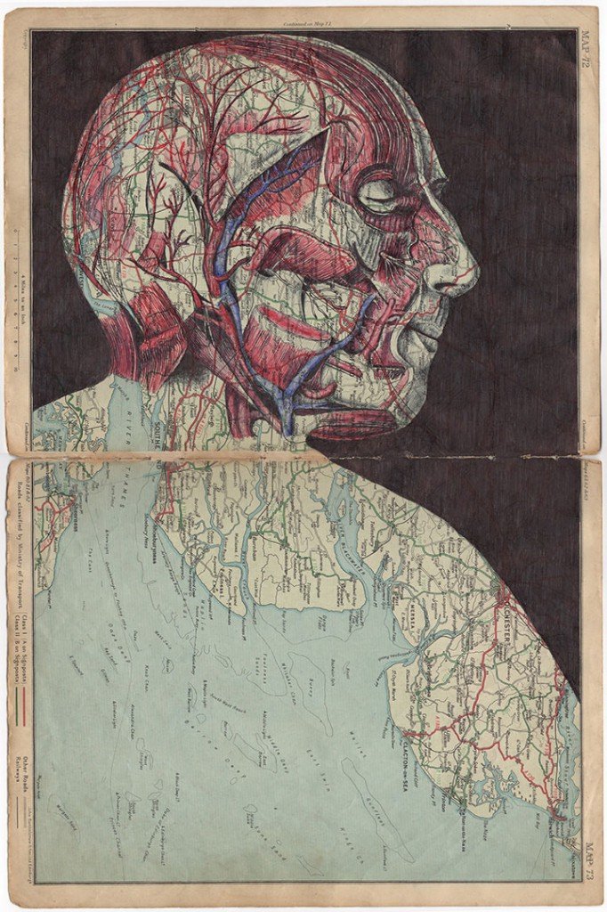 Ballpoint pen illustrations on vintage envelopes and maps 