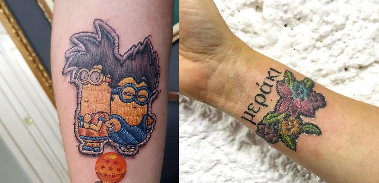 Stitch patch tattoo located on the inner forearm