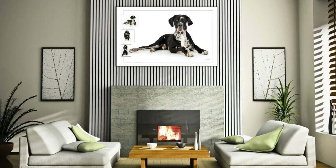 Cozy modern living room with fireplace.