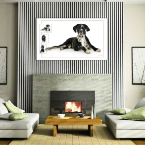 Cozy modern living room with fireplace.