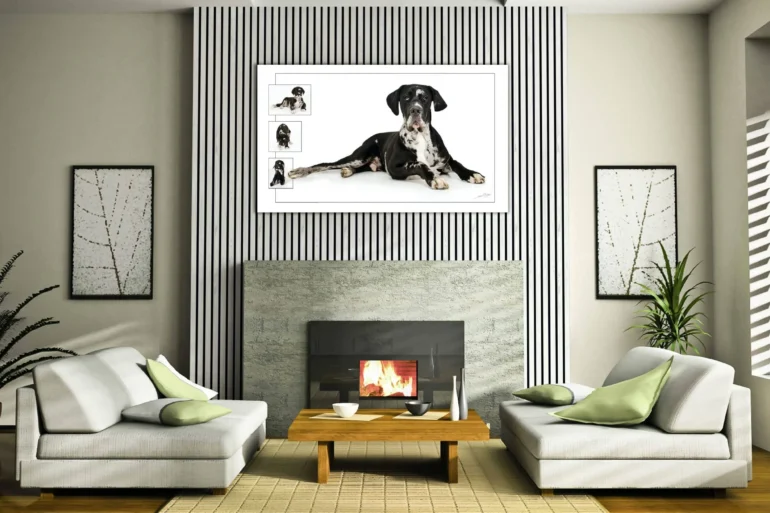 Cozy modern living room with fireplace.