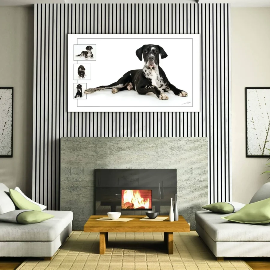 Cozy modern living room with fireplace.