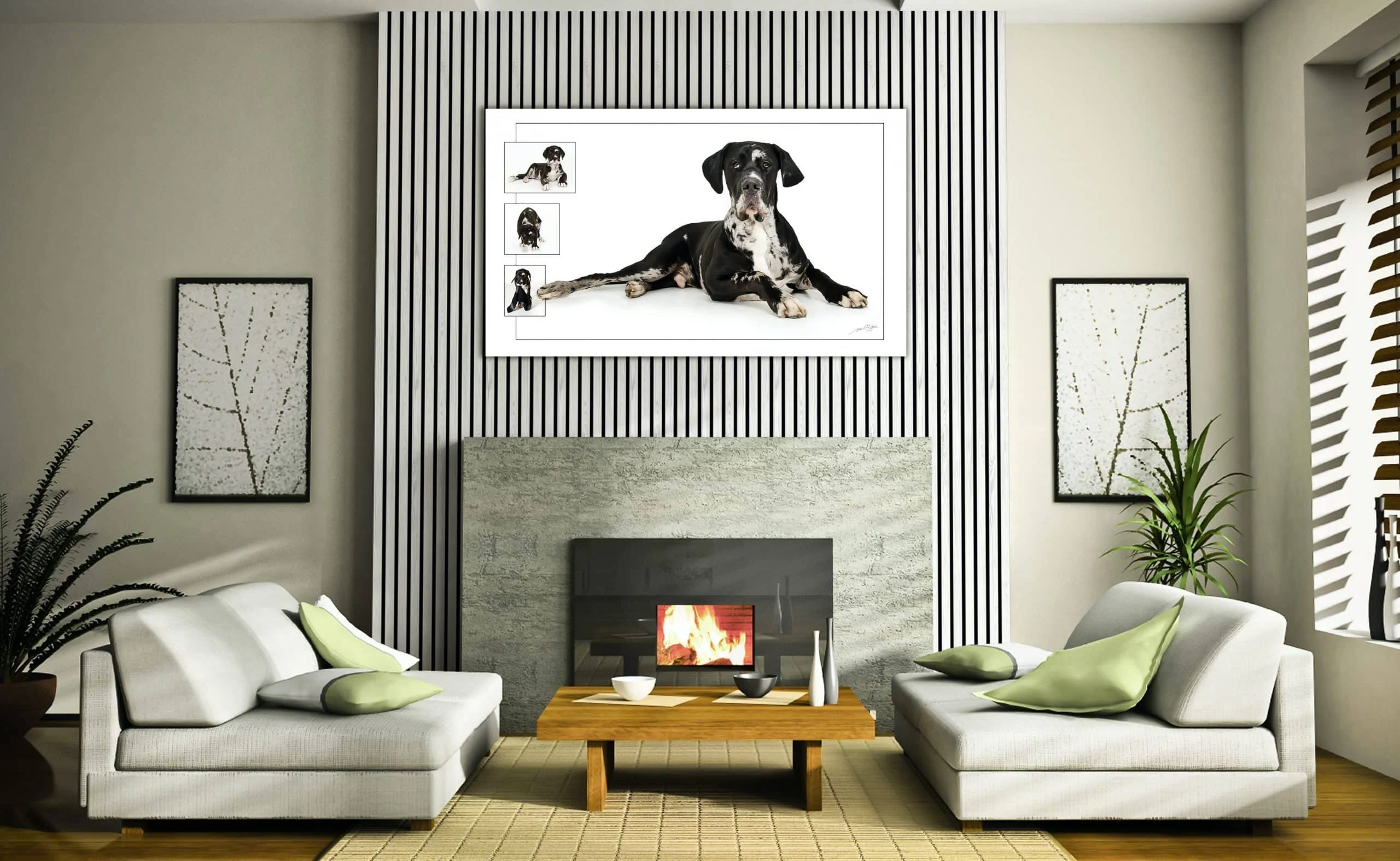 Cozy modern living room with fireplace.