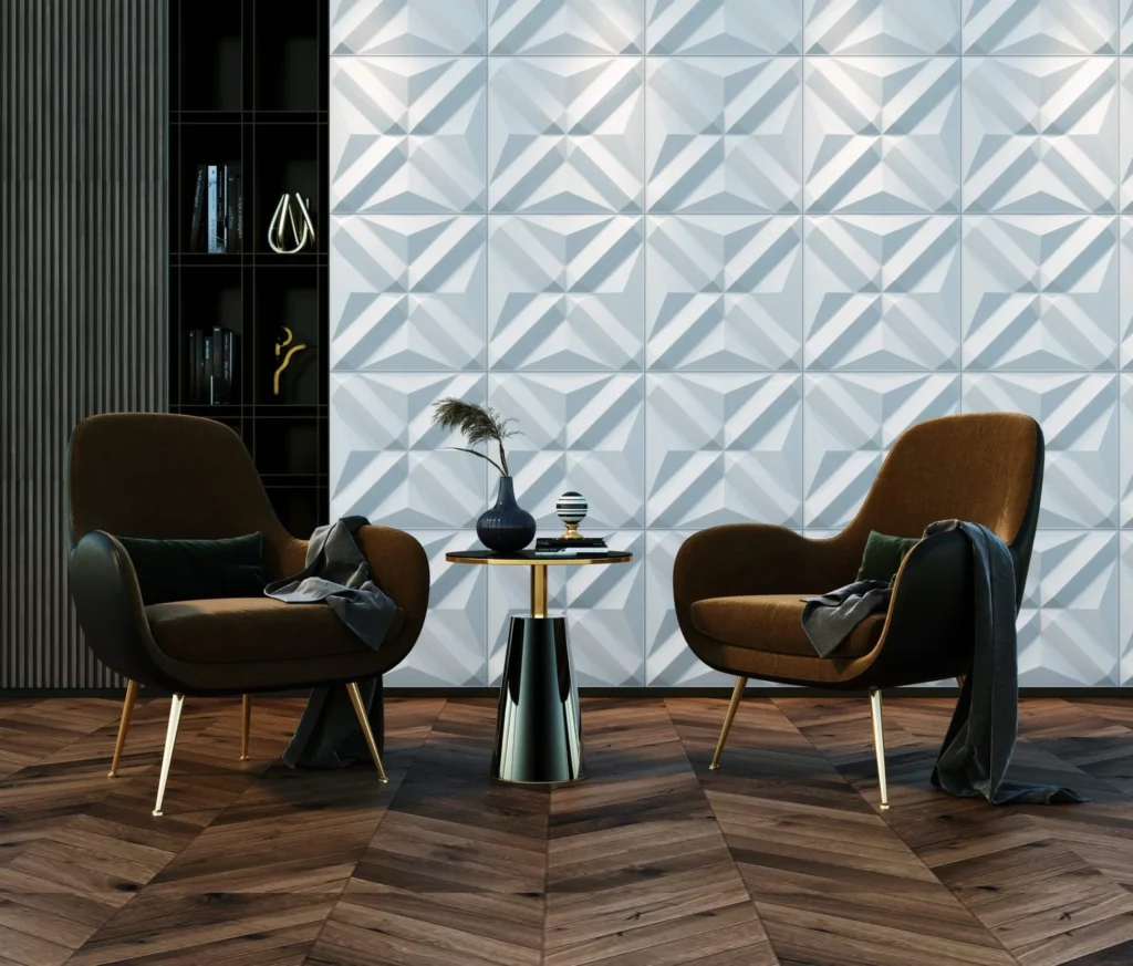 Stylish dining space with patterned walls.