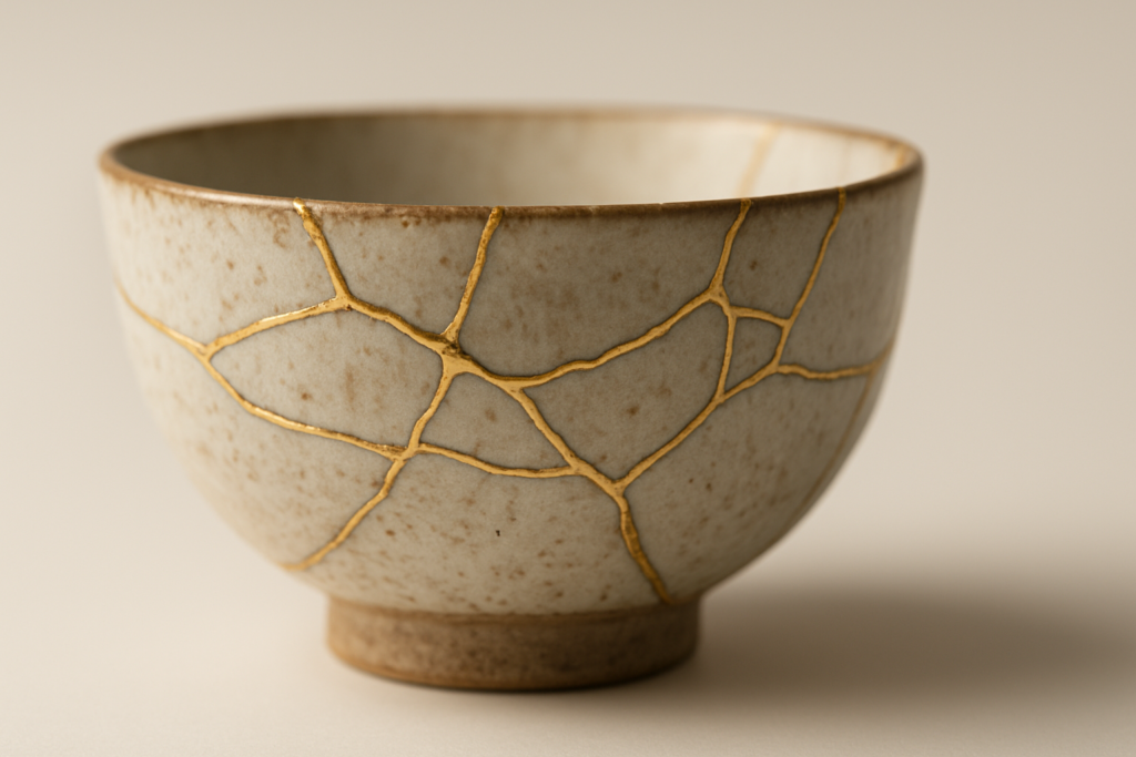 Ceramic bowl mended with golden kintsugi technique.