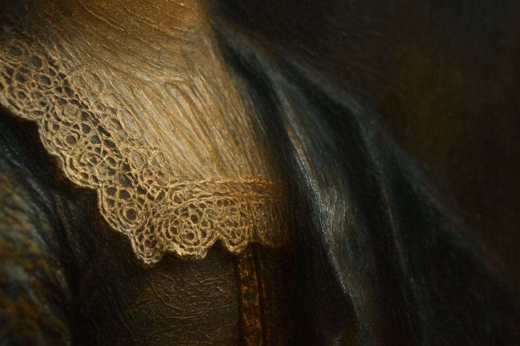 Detailed lace collar on dark fabric background.