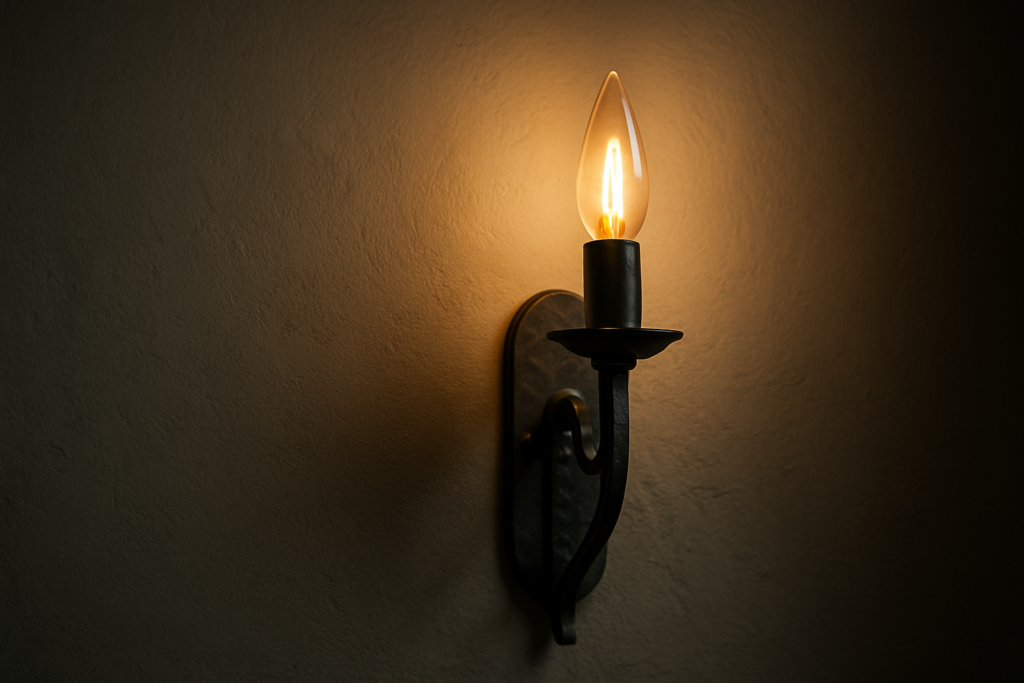 Dimly lit wall scone casting warm light.