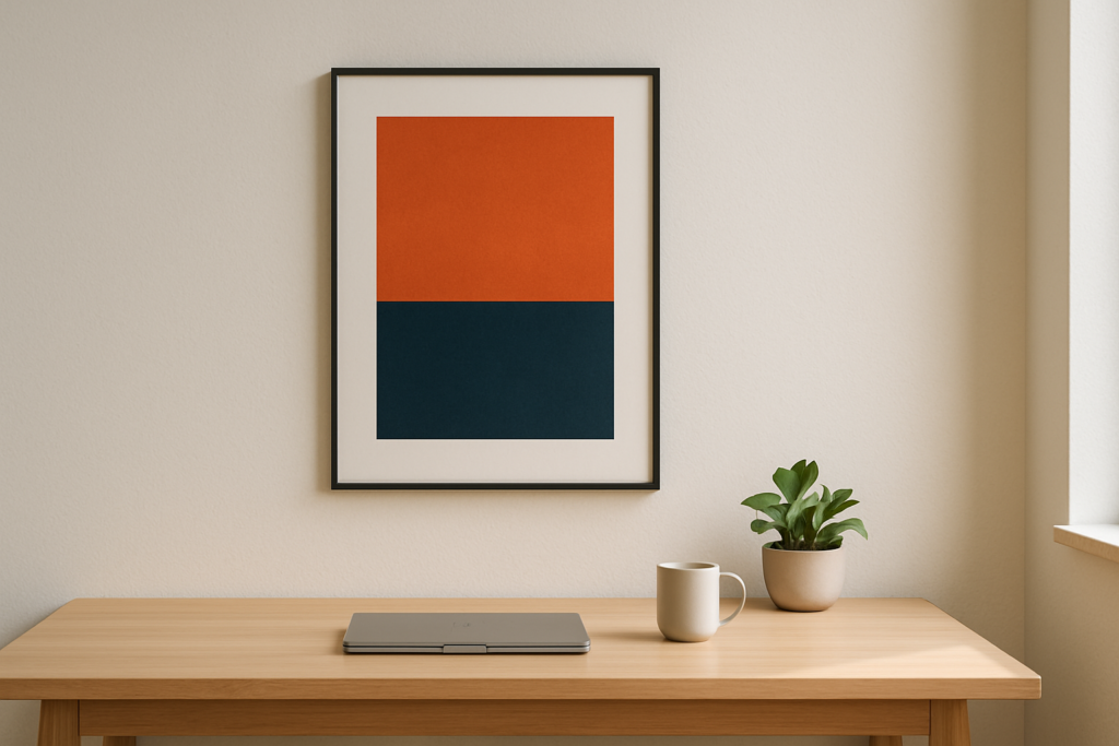 Framed bold abstract art hanging above minimalist desk.