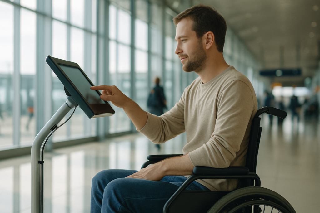 Man in wheelchair using touchscreen kiosk at airport.
