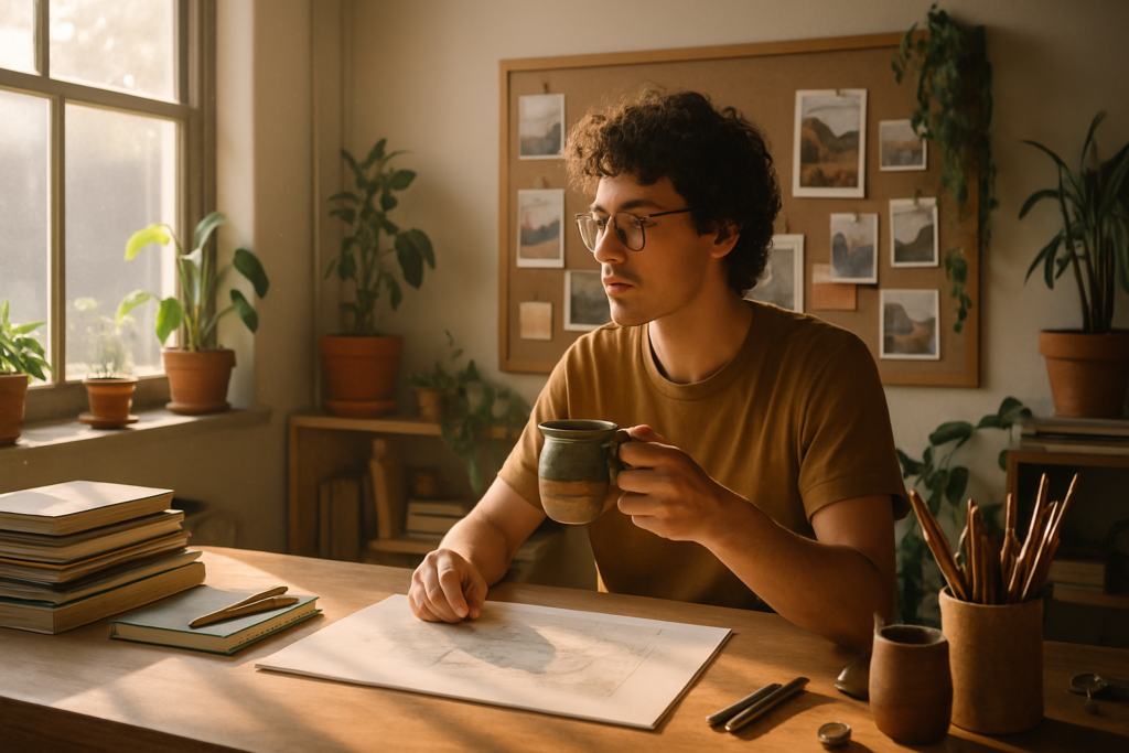 Man pensively holding mug in cozy workspace.