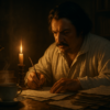 Man writing by candlelight in a dimly lit room.