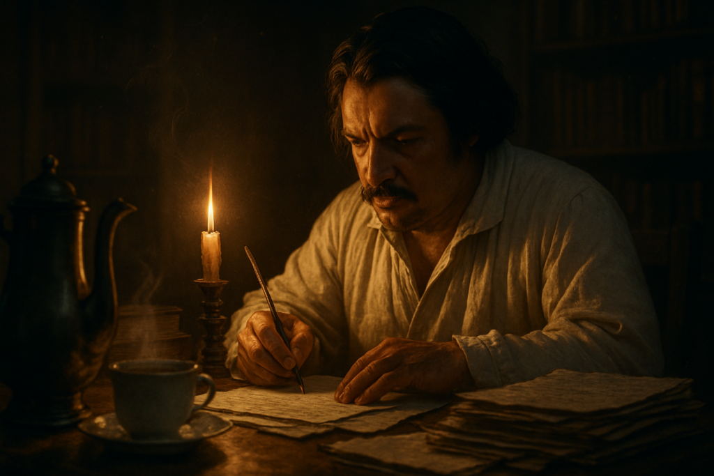 Man writing by candlelight in a dimly lit room.