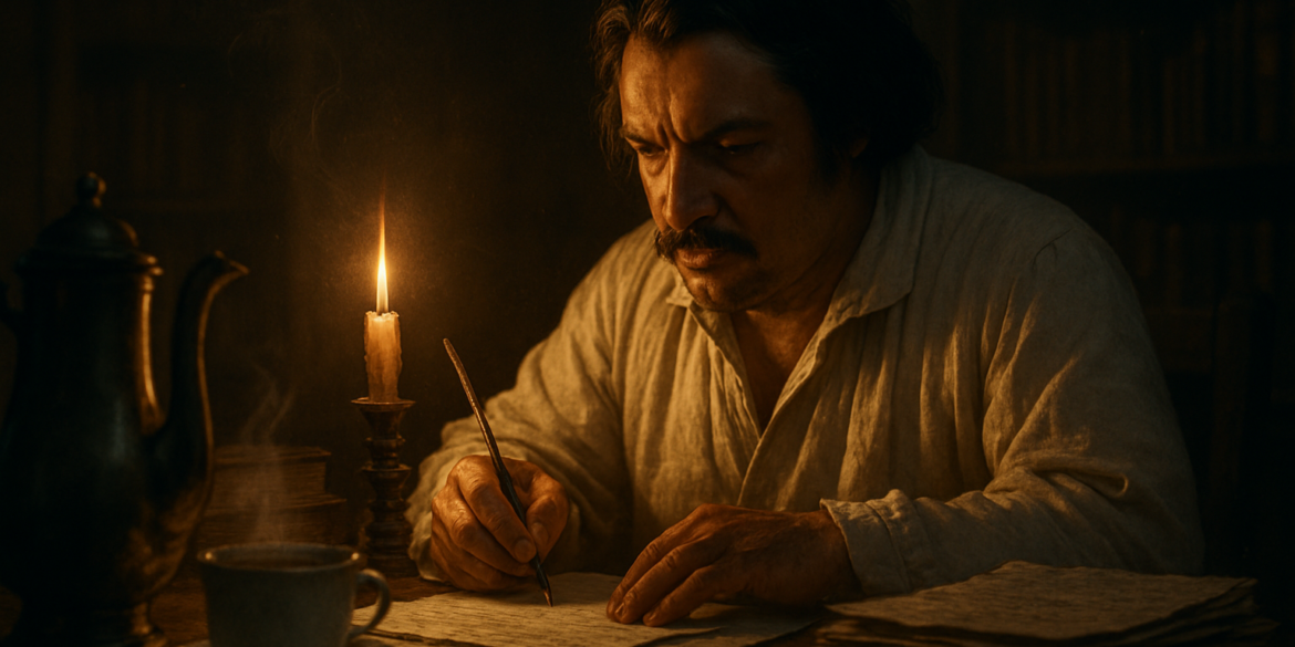 Man writing by candlelight in a dimly lit room.