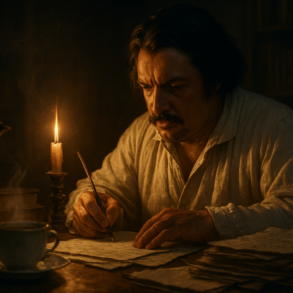 Man writing by candlelight in a dimly lit room.