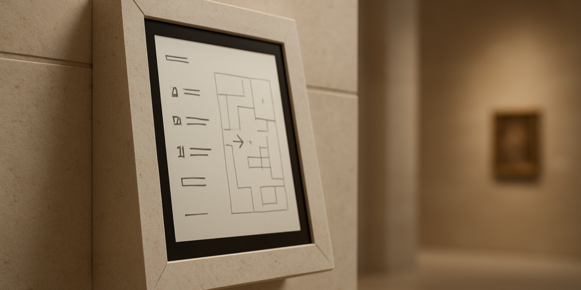 Museum map display on a beige wall.