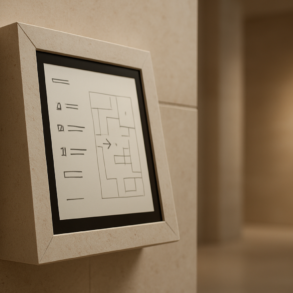 Museum map display on a beige wall.