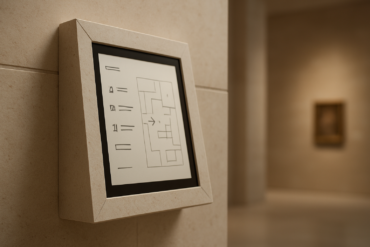 Museum map display on a beige wall.