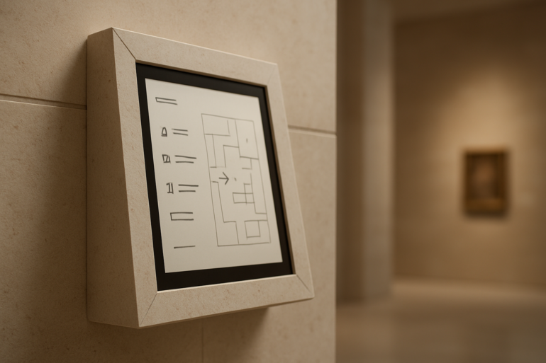 Museum map display on a beige wall.