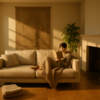 Person reading on a cozy beige sofa in warm sunlight.