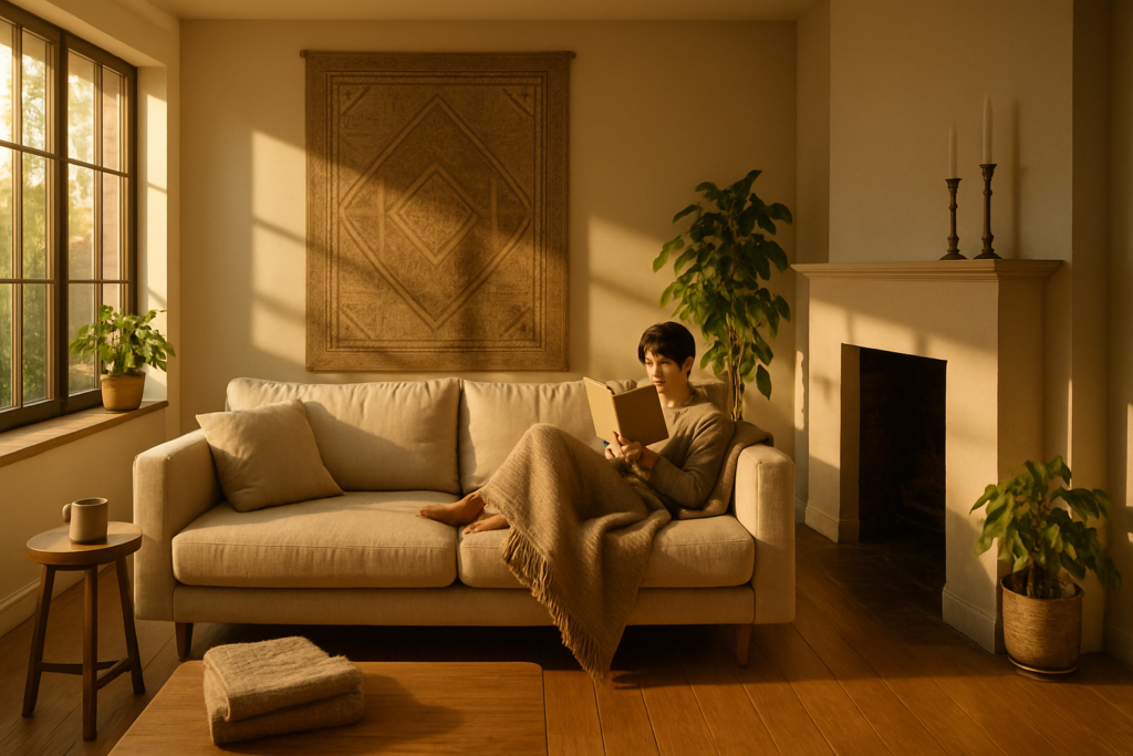 Person reading on a cozy beige sofa in warm sunlight.
