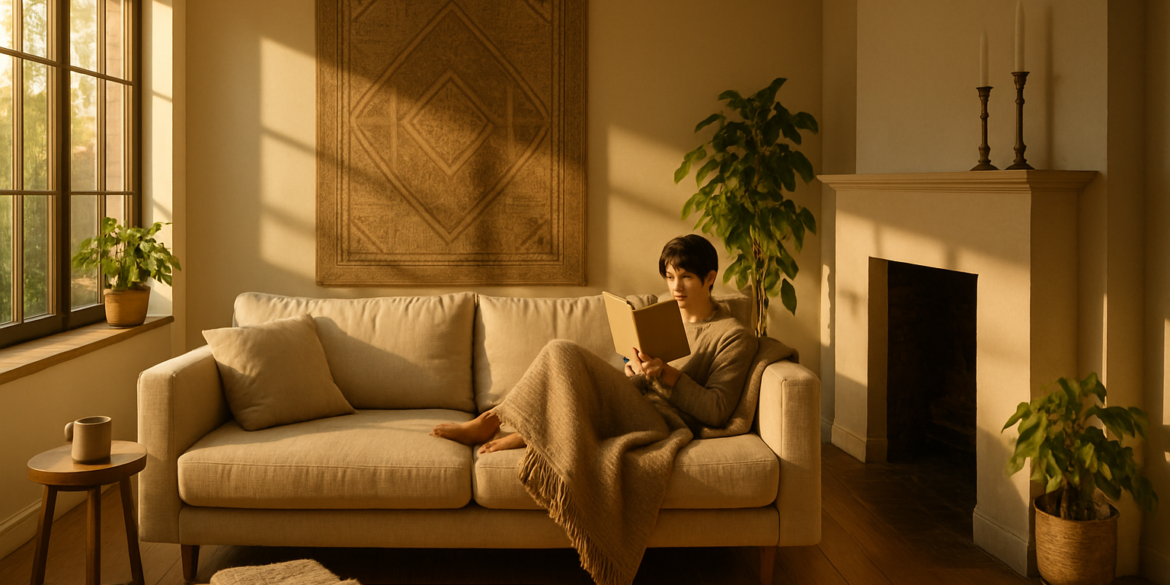 Person reading on a cozy beige sofa in warm sunlight.
