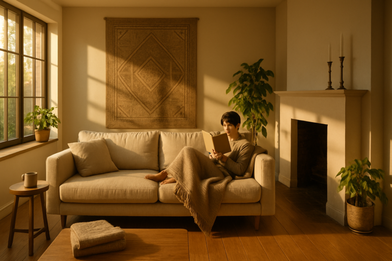 Person reading on a cozy beige sofa in warm sunlight.