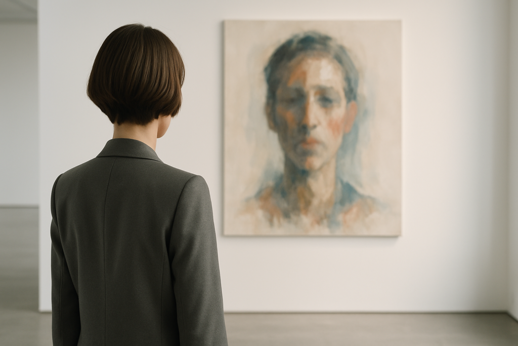 Person viewing abstract portrait in art gallery. 
