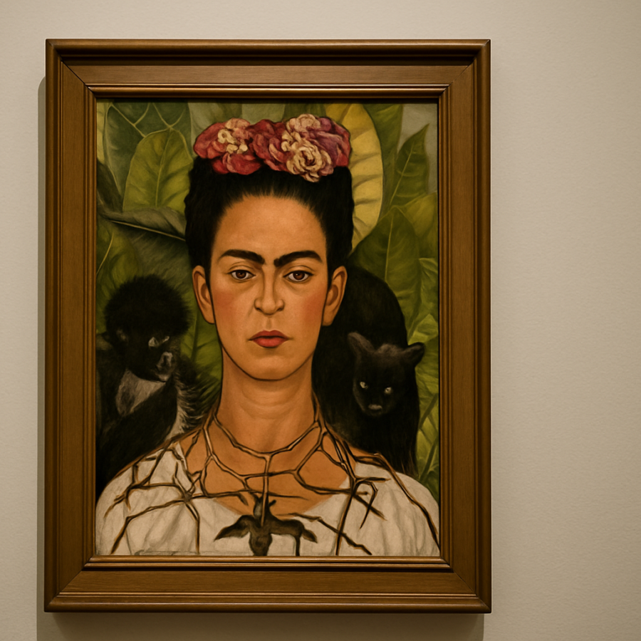 Portrait of woman with flowers and animals. 