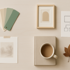 Stylish top-down workspace view showing leaves.