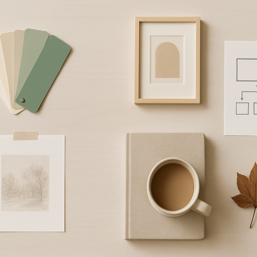 Stylish top-down workspace view showing leaves.